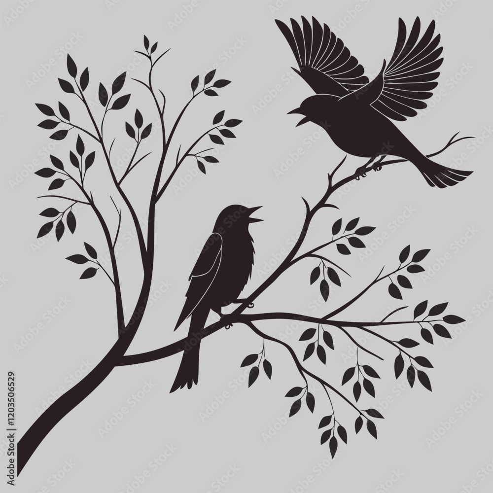 Fototapeta premium birds on branch silhouette vector design art and illustration