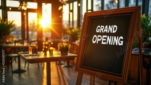 Celebratory Restaurant Opening Marked by Table Sign, Fresh Flower Arrangement, and Impeccable Stylish Design in Inviting Decor