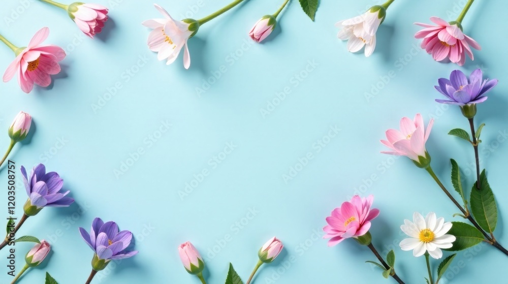 Pastel Blossoms Arranged in a Delicate Floral Frame on a Light Blue Background Pastel Blossoms Arranged in a Delicate Floral Frame on a Light Blue Background