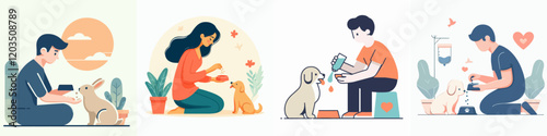 illustration set of person feeds a pet
