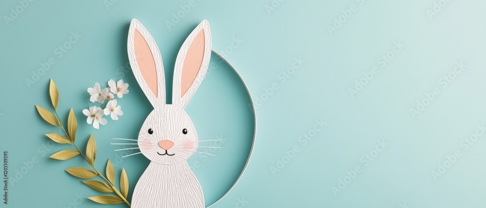Fototapeta premium Serene White Rabbit Ears on Light Teal Background with Elegant Bunny Head in Minimalist Cartoon Style Message Space Included