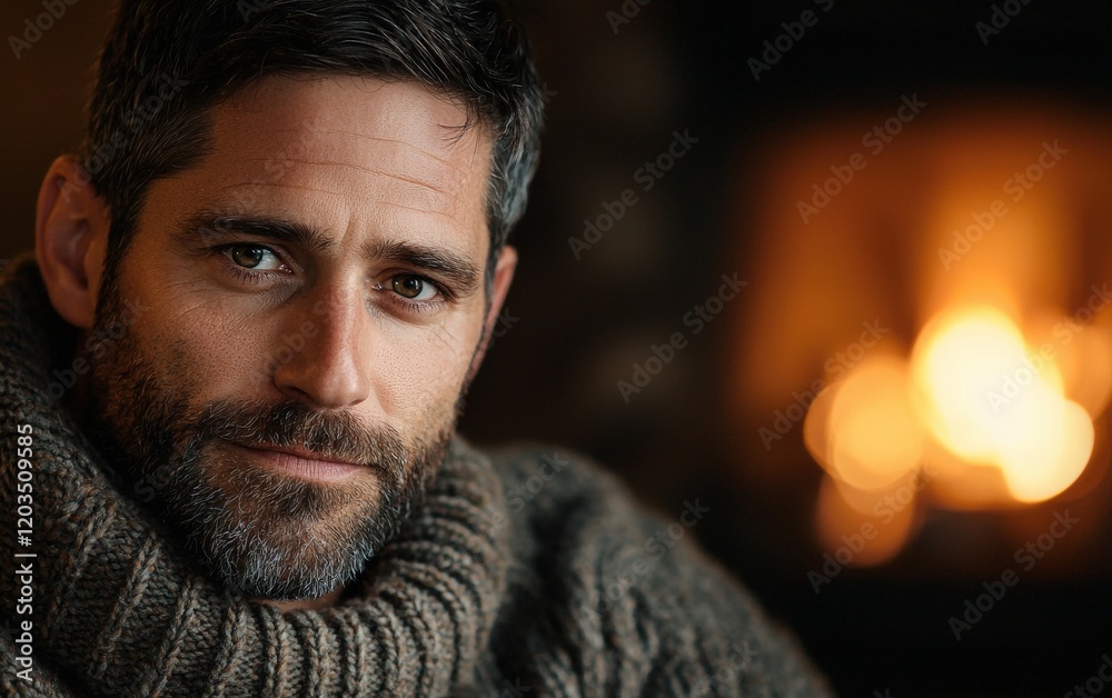 Fototapeta premium A ruggedly handsome man with a short beard and deep-set eyes, wearing a warm sweater, against a cozy fireplace-lit background