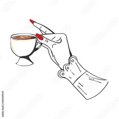 A hand-drawn ink picture for the menu: a woman's hand holding an elegant cup of coffee. Vector illustration on a transparent background.