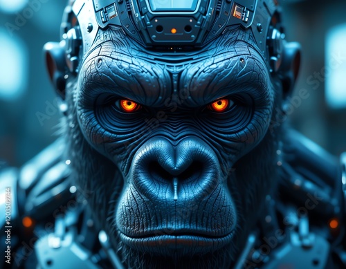 Cybernetic Gorilla Head, Futuristic and Intense photo