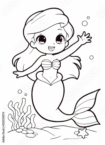 Cute coloring page of a cheerful mermaid waving with coral and bubbles in an underwater scene