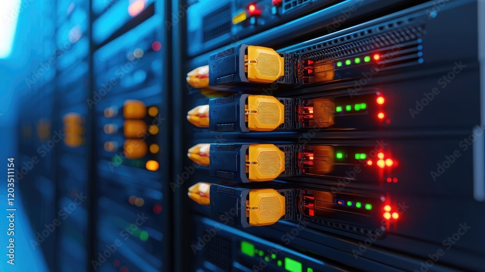 Naklejka premium Data center server rack close-up, network lights glowing, technology background, for IT infrastructure websites