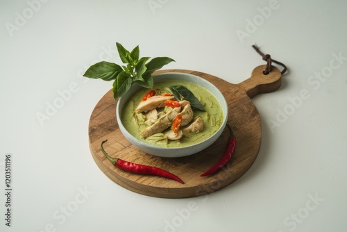 Delicious Green Curry Chicken Served in a Bowl photo