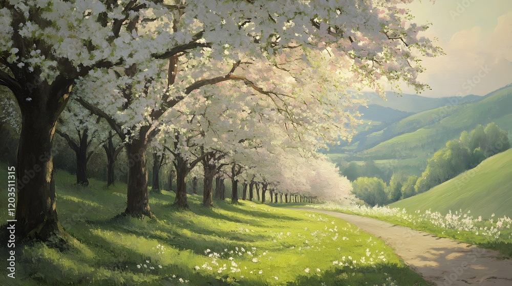 Blossoming Trees Line Scenic Countryside Path Blossoming Trees Line Scenic Countryside Path