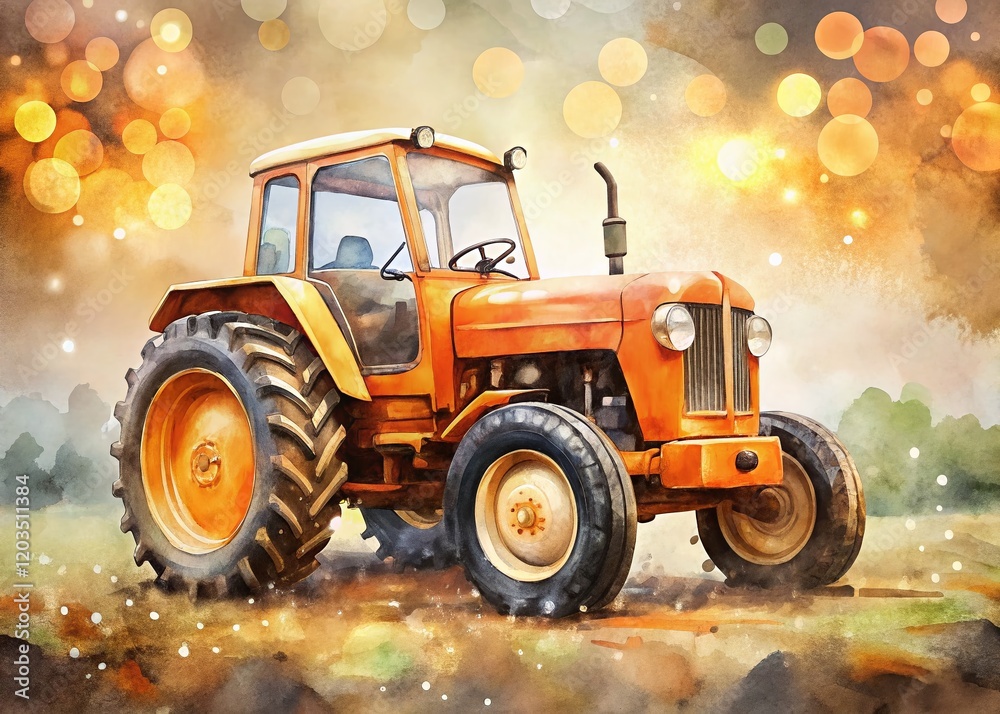 Fototapeta premium Adorable Orange Tractor Watercolor Print - Cute Farm Poster Design