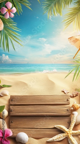 Poster template with a wooden sign, tropical beach theme, glowing sunshine, and beach accessories like umbrellas and shells.
