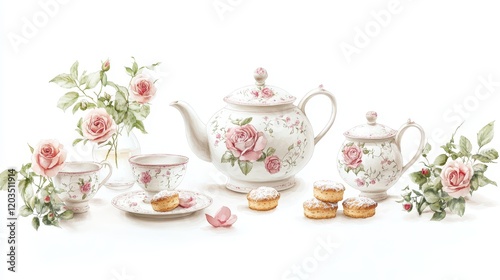 Wallpaper Mural Watercolor illustration of British afternoon tea,tea break in the English style,tea set with Afternoon tea stand with macaroons and scone,cake,cup of tea,Tea time dessert table,vintage style. Torontodigital.ca