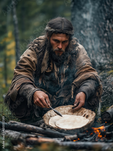 Evenki reindeer herders preparing traditional food in the Siberian wilderness photo