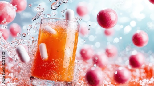 An eye-catching image of a citrus beverage splashing with candies against a blurred backdrop, encapsulating energy, fun, and refreshment in a striking way. photo