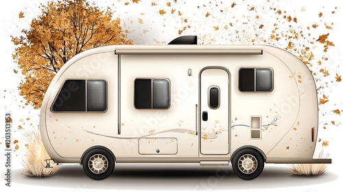 Vintage Style Clean White Caravan Illustration with Autumn Foliage