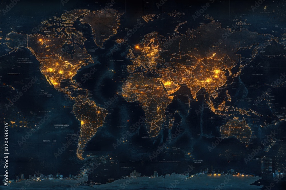 World map illuminated at night shows urban areas and population density around the globe World map illuminated at night shows urban areas and population density around the globe