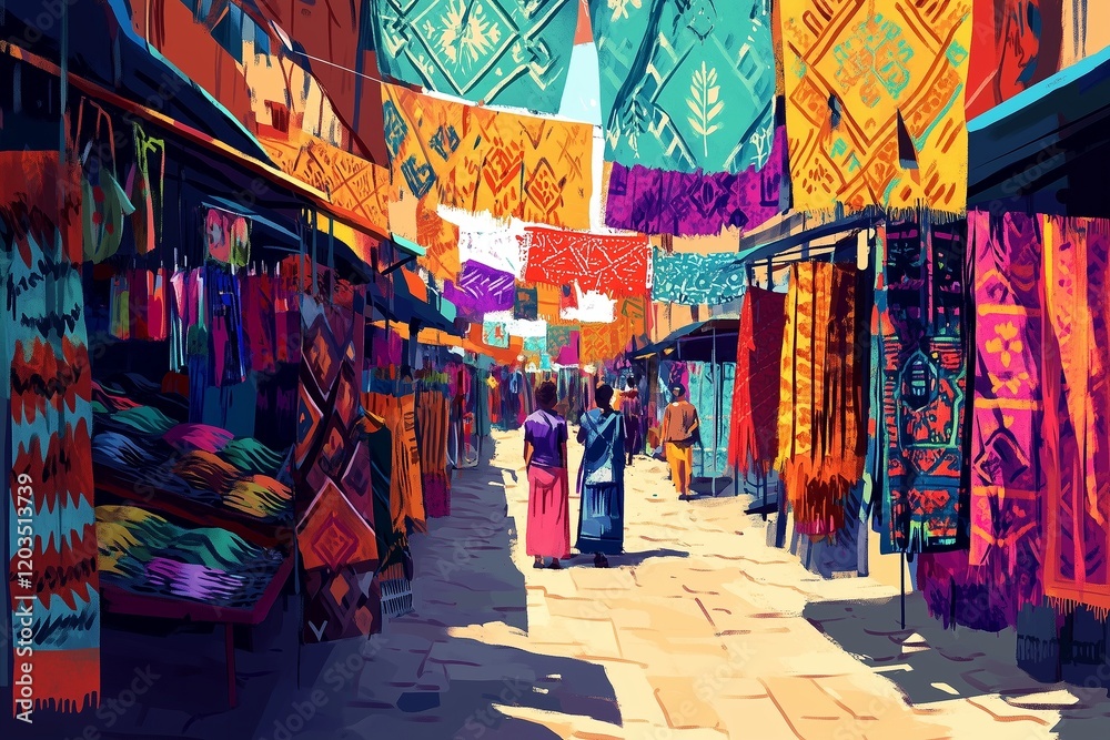 Obraz premium A vibrant cultural market with colorful stalls and intertwined patterns.