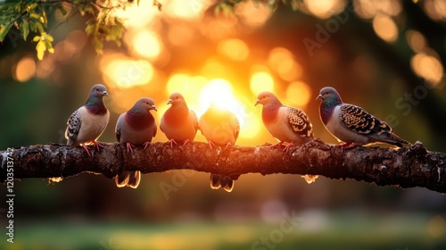 A picturesque scene of six birds perched on a branch against a breathtaking sunset backdrop, epitomizing natural beauty, companionship, and the serenity of wildlife in a vibrant setting. photo