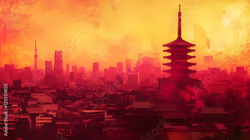 retro grunge pink and yellow collage poster with asian cityscape, different mixed textures