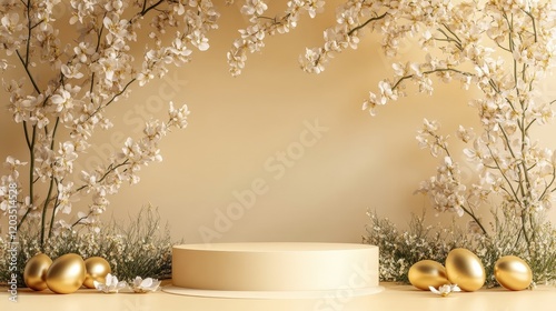 Elegant Easter Podium Display with Golden Eggs and Floral Vines on Pale Yellow Background, Perfect for Product Showcasing