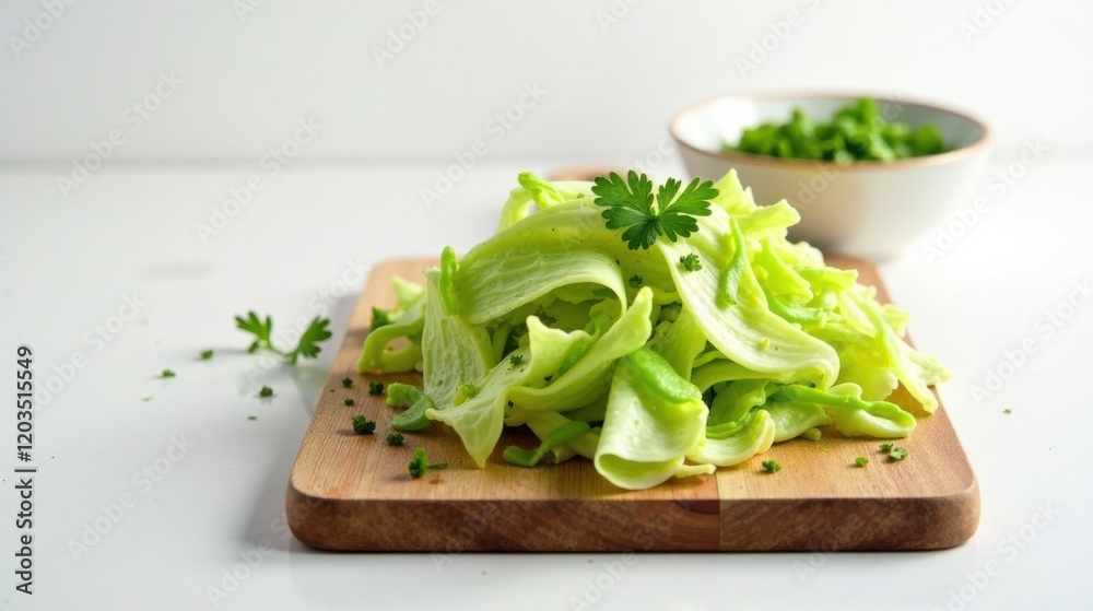 Aromatic Vegetable Medley Freshly Prepared Green Vegetable Ribbons, Delicately Arranged on a Wooden Cutting Board with Garnish Aromatic Vegetable Medley Freshly Prepared Green Vegetable Ribbons, Delicately Arranged on a Wooden Cutting Board with Garnish