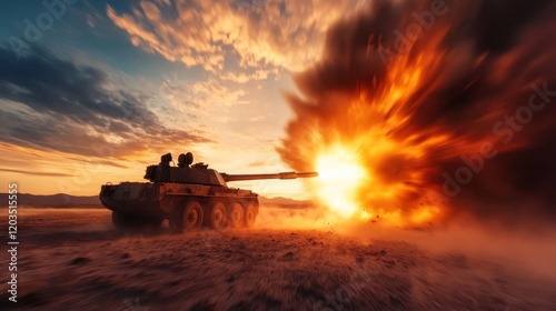 A tank fires its main gun against a stunning sunset backdrop, creating a dramatic explosion that captures the intensity of warfare and military might in action. photo