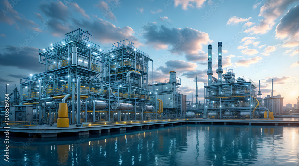 Modern hydrogen production facility with pipelines and chimneys by the water Modern hydrogen production facility with pipelines and chimneys by the water