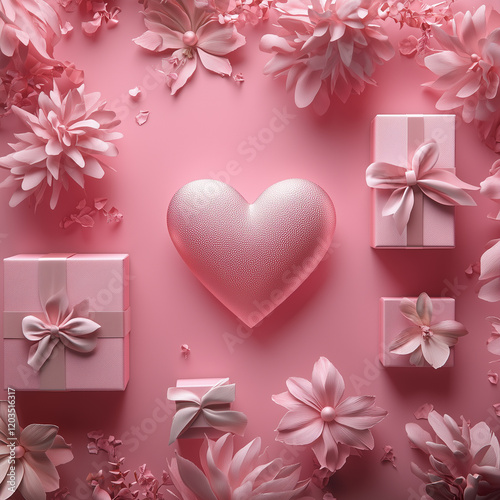 Pink heart-shaped gift box on a pink background with floral decor elements - Valentine's Day banner