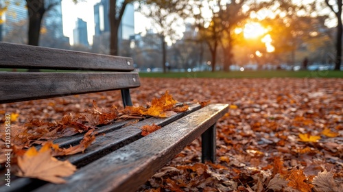 A tranquil park bench surrounded by colorful autumn leaves captures the essence of fall, evoking a sense of calm and reflection amidst nature's beautiful transformation.