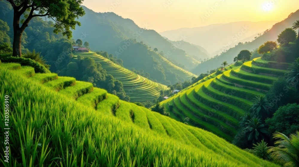 Serene Sunrise Over Lush Green Terraced Rice Paddies in a Mountain Valley