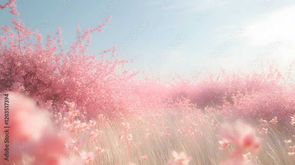 Fototapeta premium Pink Blossoms and Grass in a Dreamlike Field
