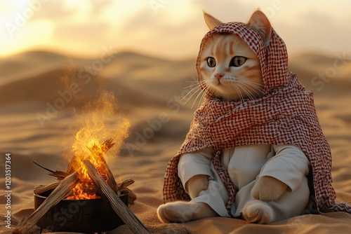 a Saudi Arabia Bedouin cat wearing a traditional white thobe and red checkered keffiyeh, sitting next to a campfire in the vast golden dunes of the Empty Quarter