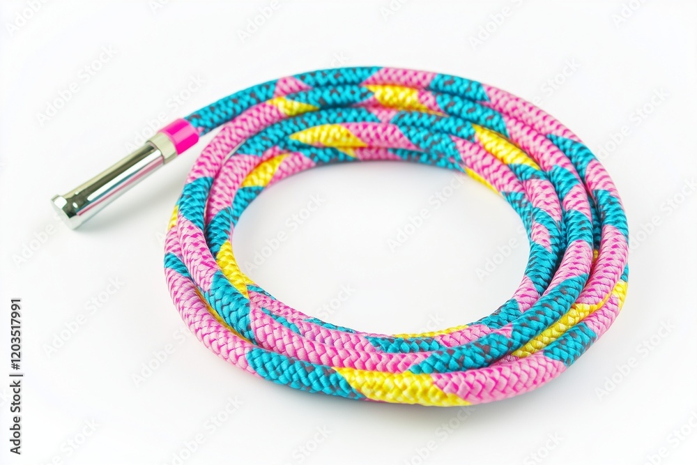 A vibrant jump rope with bold metallic handles, coiled neatly on a clean white background. A vibrant jump rope with bold metallic handles, coiled neatly on a clean white background.