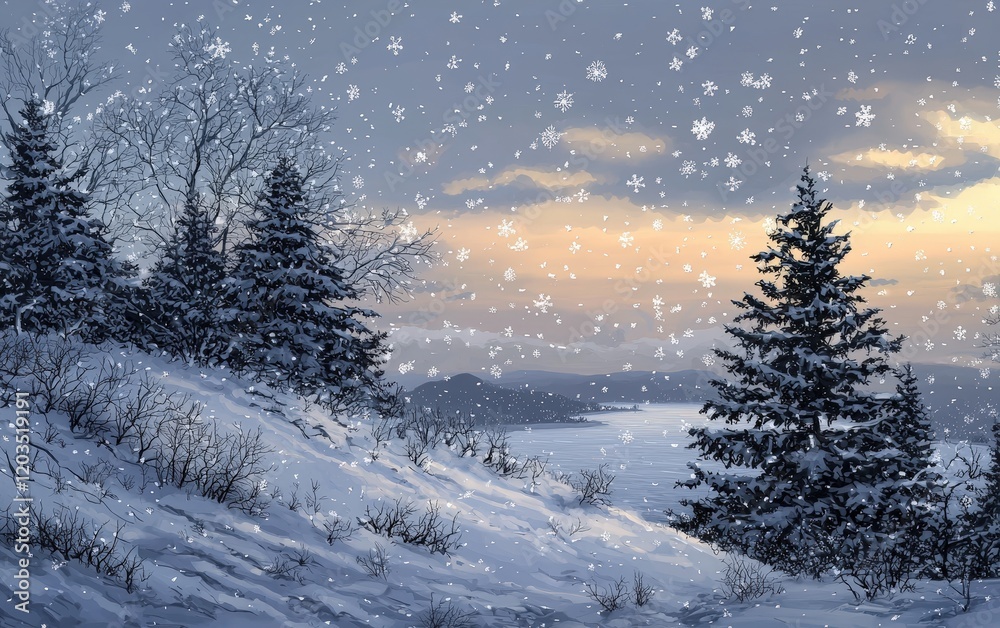 A serene snowfall with delicate snowflakes gently falling against a soft, cloudy sky A serene snowfall with delicate snowflakes gently falling against a soft, cloudy sky