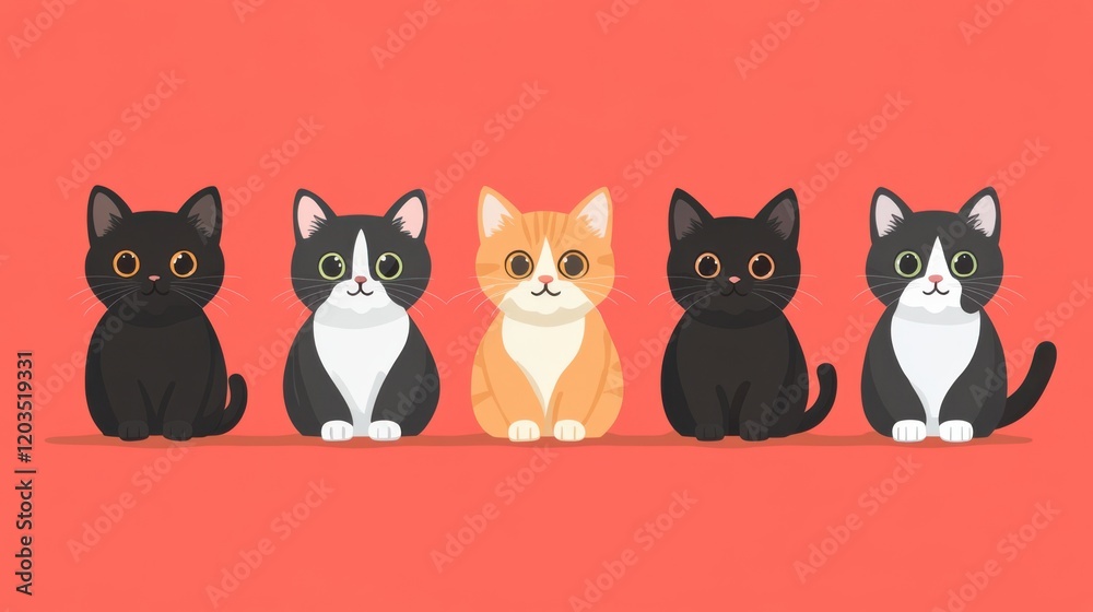 Five cartoon cats of varying colors sitting in a row against a vibrant background Five cartoon cats of varying colors sitting in a row against a vibrant background