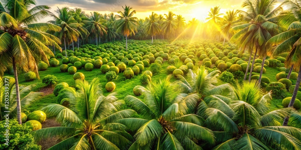 Obraz premium Aerial Drone Shot of Lush Coconut Plantation Ready for Harvest - Coconut Milk Production
