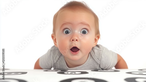 A baby is looking at something on a table. The baby is wearing a gray shirt. The table is white
