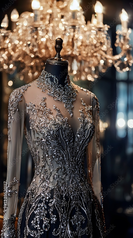 Fototapeta premium 10. A luxurious evening dress with intricate beadwork, in front of a glamorous chandelier