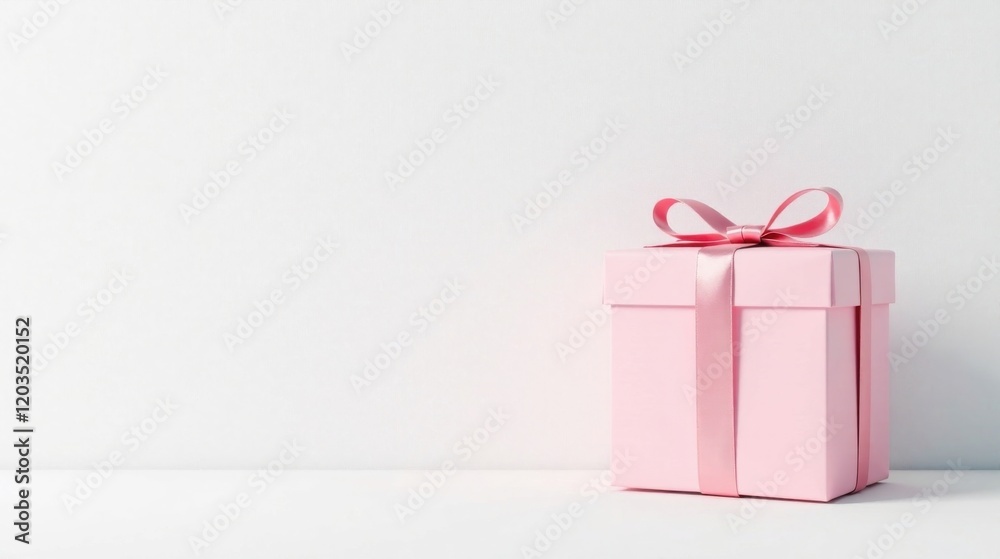 Obraz premium A Delicate Pink Gift Box with a Satin Ribbon Bow on a White Surface