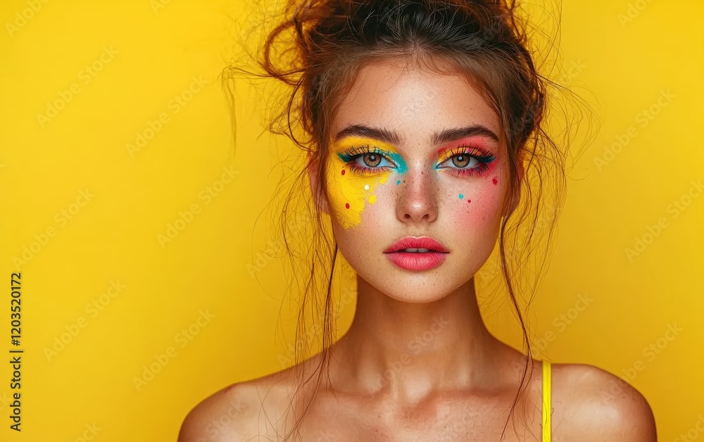 A vivid portrait of a young woman with creative makeup, against a smooth and striking yellow one-tone background. A vivid portrait of a young woman with creative makeup, against a smooth and striking yellow one-tone background.