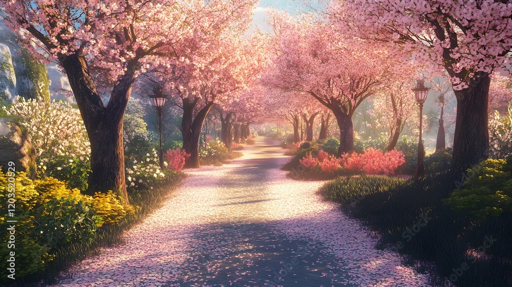 Serene Pathway Through Blossoming Cherry Trees Serene Pathway Through Blossoming Cherry Trees