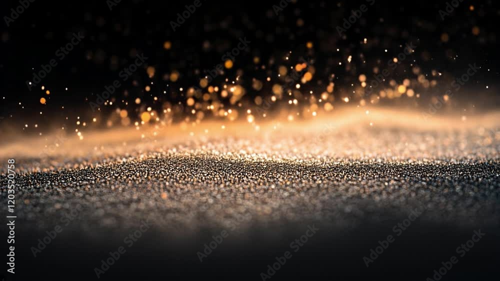 Close-up of gold dust particles floating above a dark surface, illuminated by a warm light.