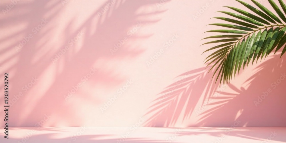 Naklejka premium Pink Background with Tropical Leaf and Shadow Overlay