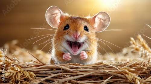 A cheerful mouse emerges from a straw nest, displaying an open mouth and joyful expression, capturing an adorably vibrant moment of nature's charm and innocence.