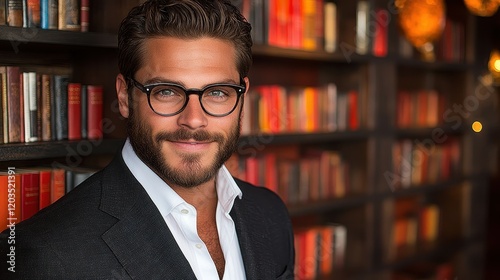 A man in a suit and glasses is smiling in front of a row of books. Concept of intellectual curiosity and a love for reading photo