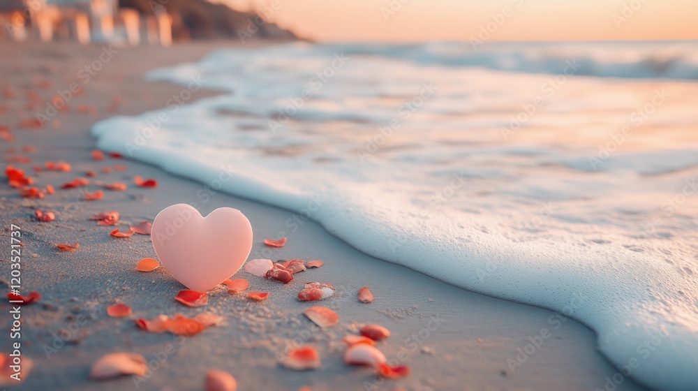 Fototapeta premium Heart shaped object rests on sandy beach surrounded by rose petals as waves wash ashore at sunset