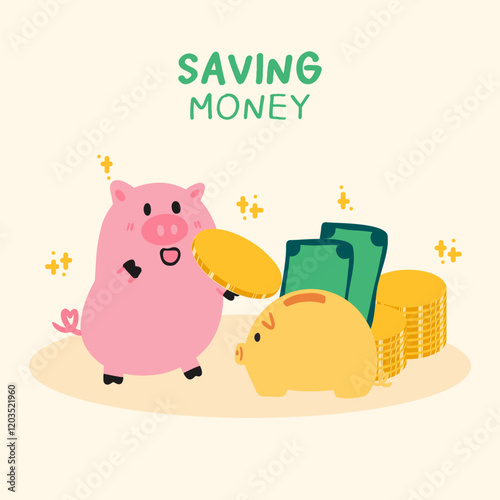 Pink piggy bank background with banknotes and coins.Saving Money illustration.