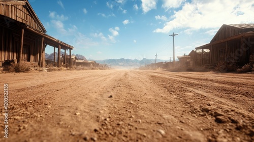 A picturesque dusty path is flanked by historic abandoned buildings, set against a vivid sky, inviting viewers to explore the rich history and emotions of the landscape. photo