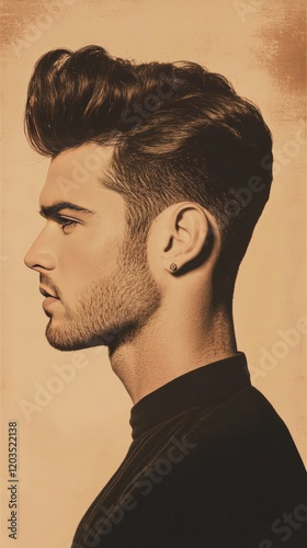 Vintage mens hairstyle poster featuring bold pompadours, sharp fades, and clean retro aesthetics.