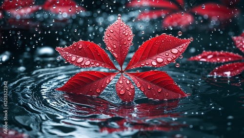 A vibrant red leaf resting amidst raindrops on a reflective water surface, capturing the essence of the rainy season