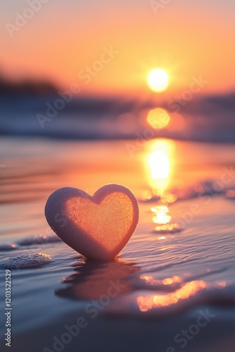 Heart shaped stone resting in gentle waves during sunset at the beach